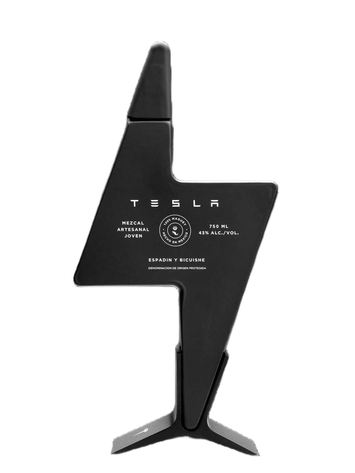Lightning bolt shape black bottle of Tesla Mezcal
